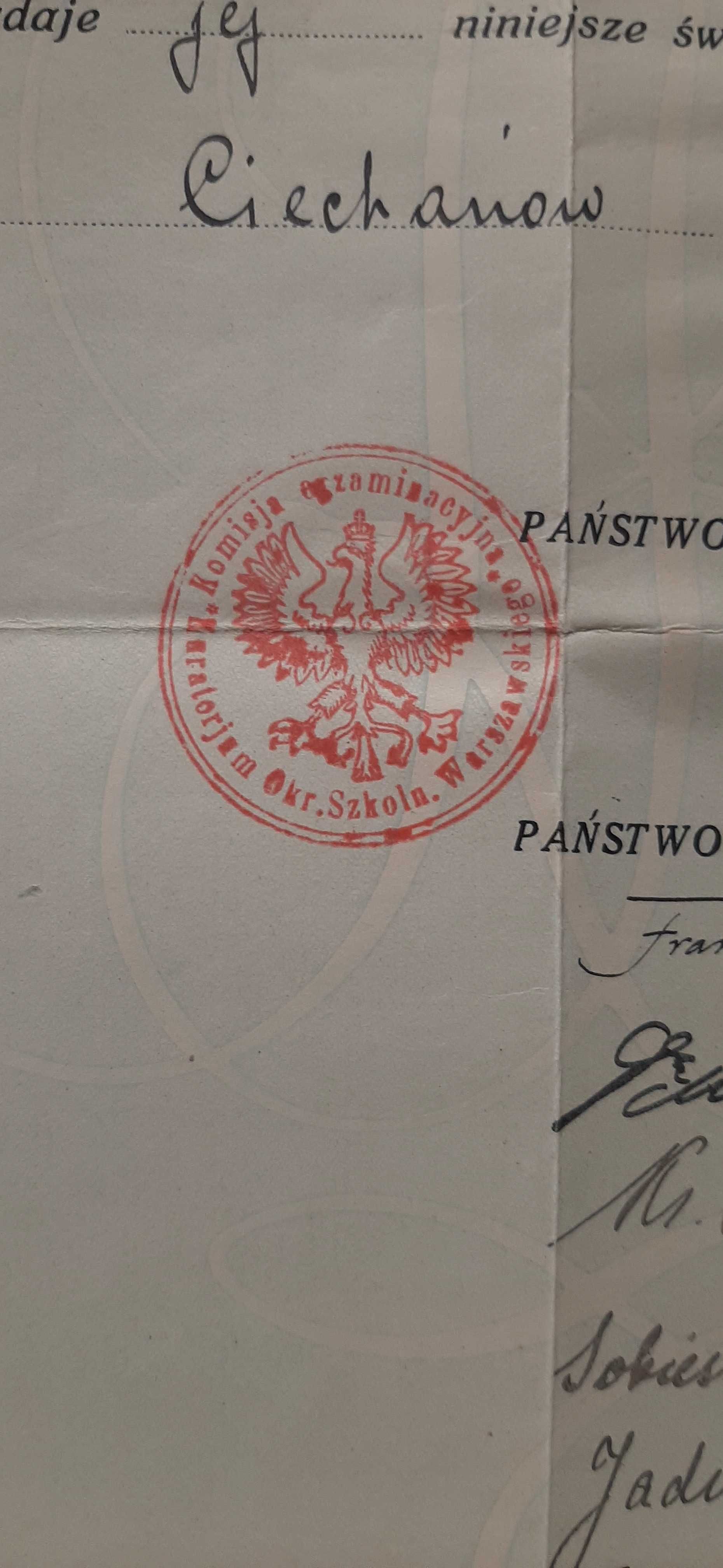 Świadectwo dojrzałości  1929r Ciechanów