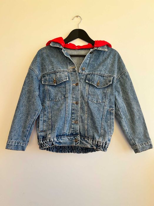 Vintage jeansowa kurtka bomberka damska z kapturem 90s M