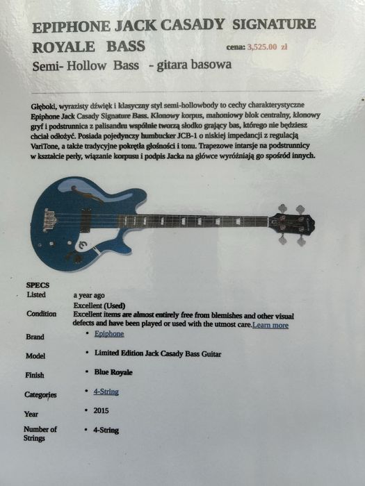 Git. Bass : Hollow body : Epiphone Jack Casady Signature  Royale Bass
