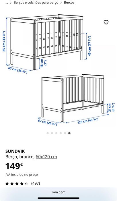 Berço IKEA com estrado e colchão.
