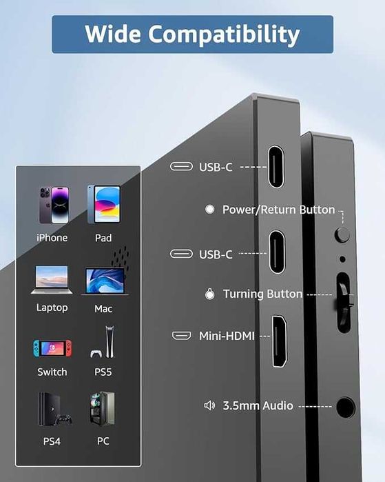Yodoit Przenośny monitor 15,6 cala 1920 × 1080 FHD, USB typu C
