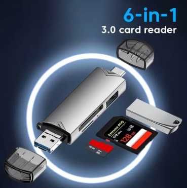 Картридер, размер 8,8х2,4х1,7 см, USB 3,0, Type-C, Micro USB и SD