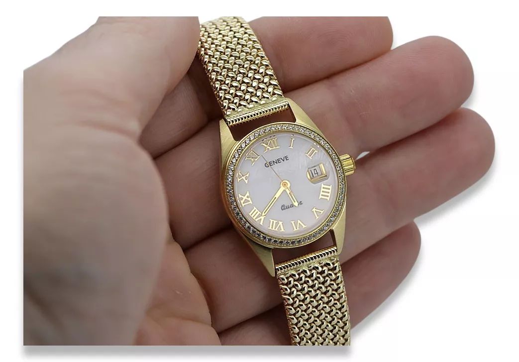 Złoty zegarek damski 14k Geneve z perłową tarczą lw078ydpr&lbw003y Wr