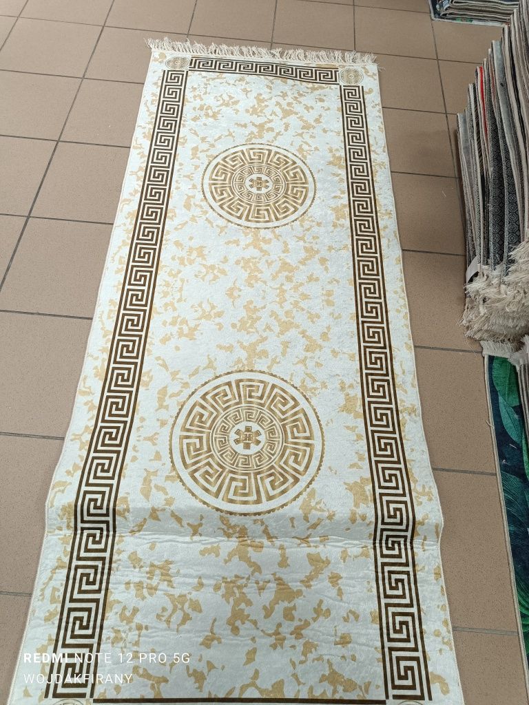 Dywan turecki z greckim wzorem biało złoty 80*200