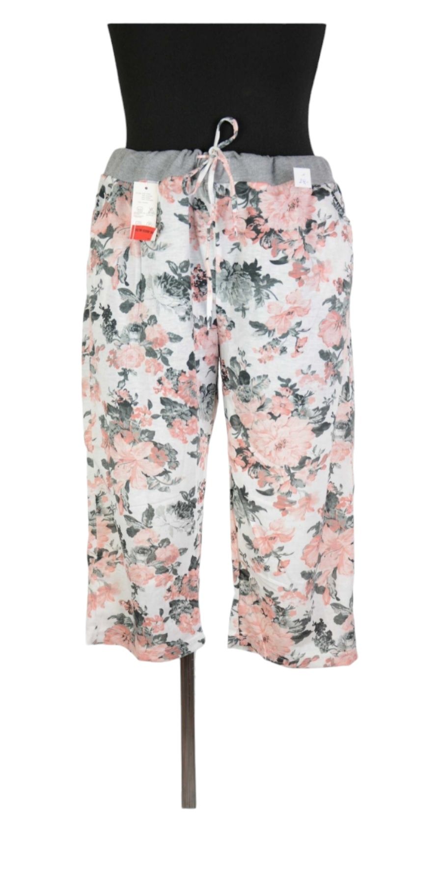 Rybaczki damskie, spodnie, białe, różowe kwiaty, rozmiar XL