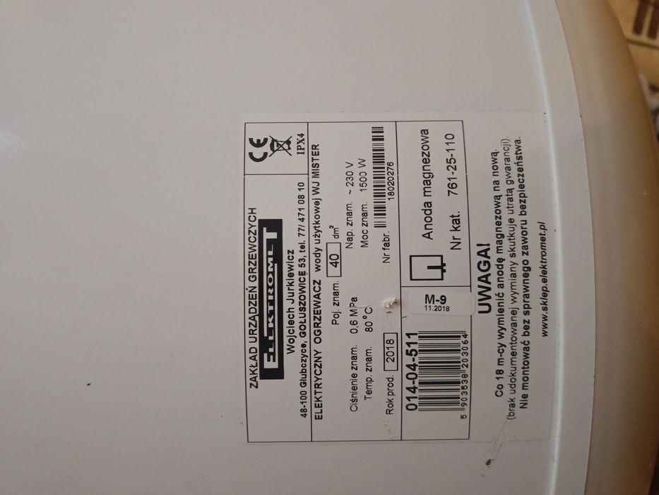 Elektryczny ogrzewacz wody bojler WJ Mister 40 l.