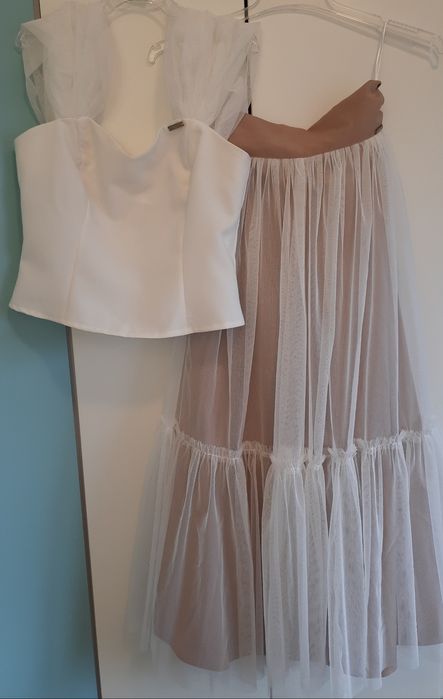 Komplet spódnica tiulowa midi i bluzka r.34/36 kremowo beżowy