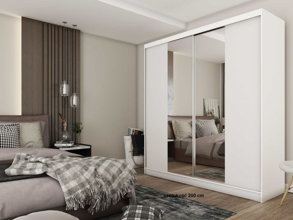 Biała szafa przesuwna z lustrem 200 cm półki drążek DARMOWA DOSTAWA