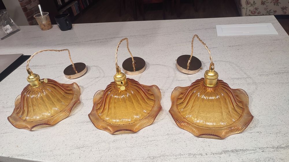 3 lampy pomarańczowe retro złote szkło