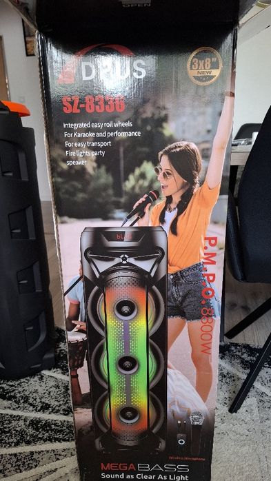 Bezprzewodowy głośnik przenośny DPUS SZ-8336, 3 x 8", mega bas, ładowa