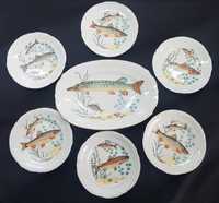 Patera + 6 talerzy, ryby,  porcelana Chodzież,  Vintage PRL
