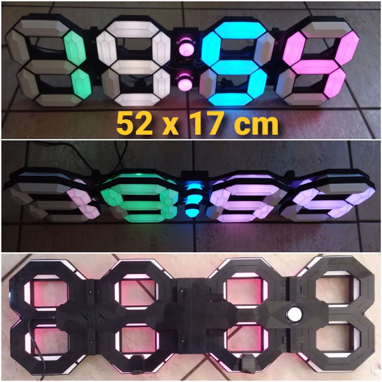 Nowy, duży, wielokolorowy zegar LED 17x52cm + temperatura