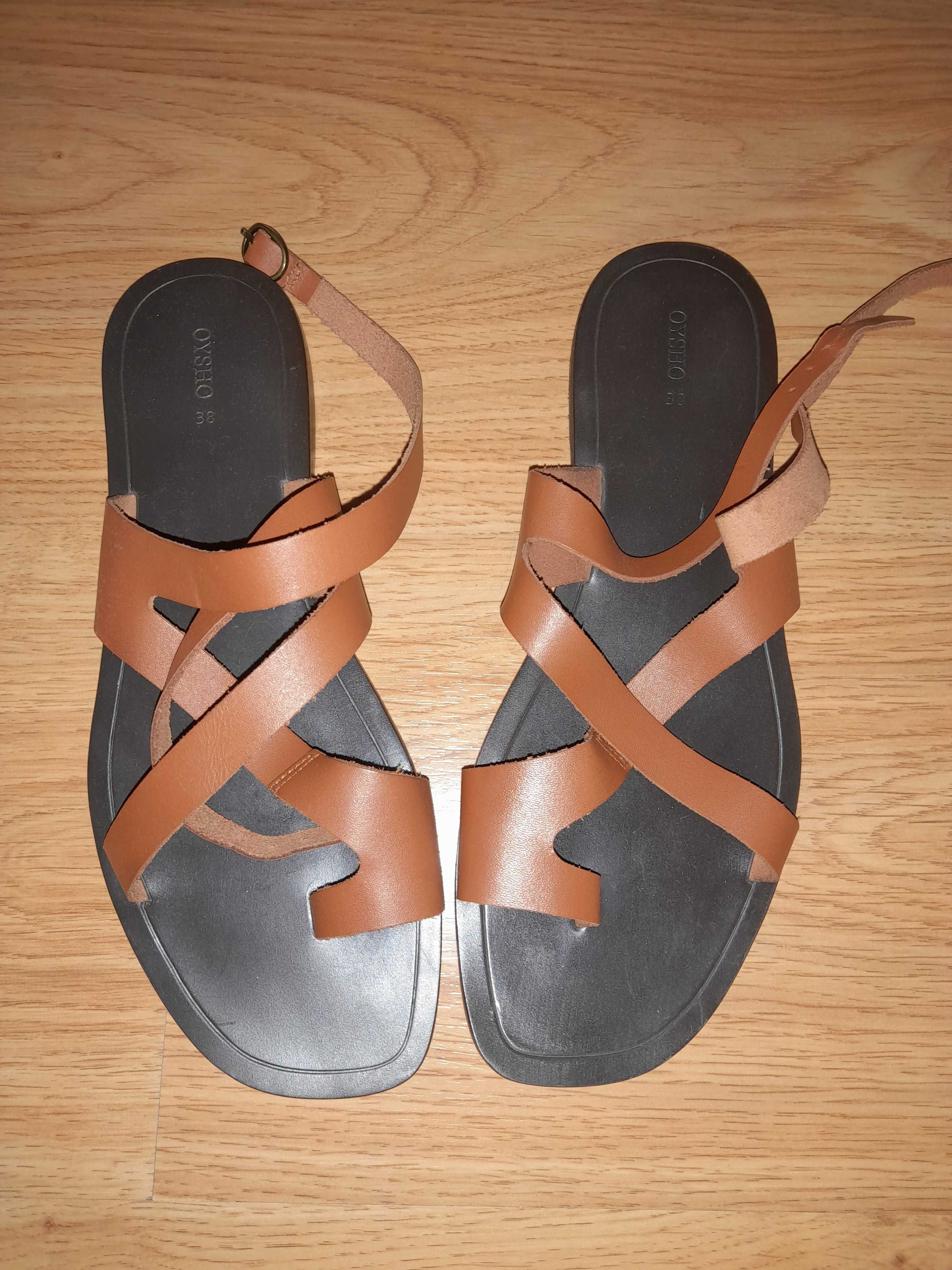 Sandálias em pele, marca Oysho, de senhora, castanho, tamanho 38, nunc
