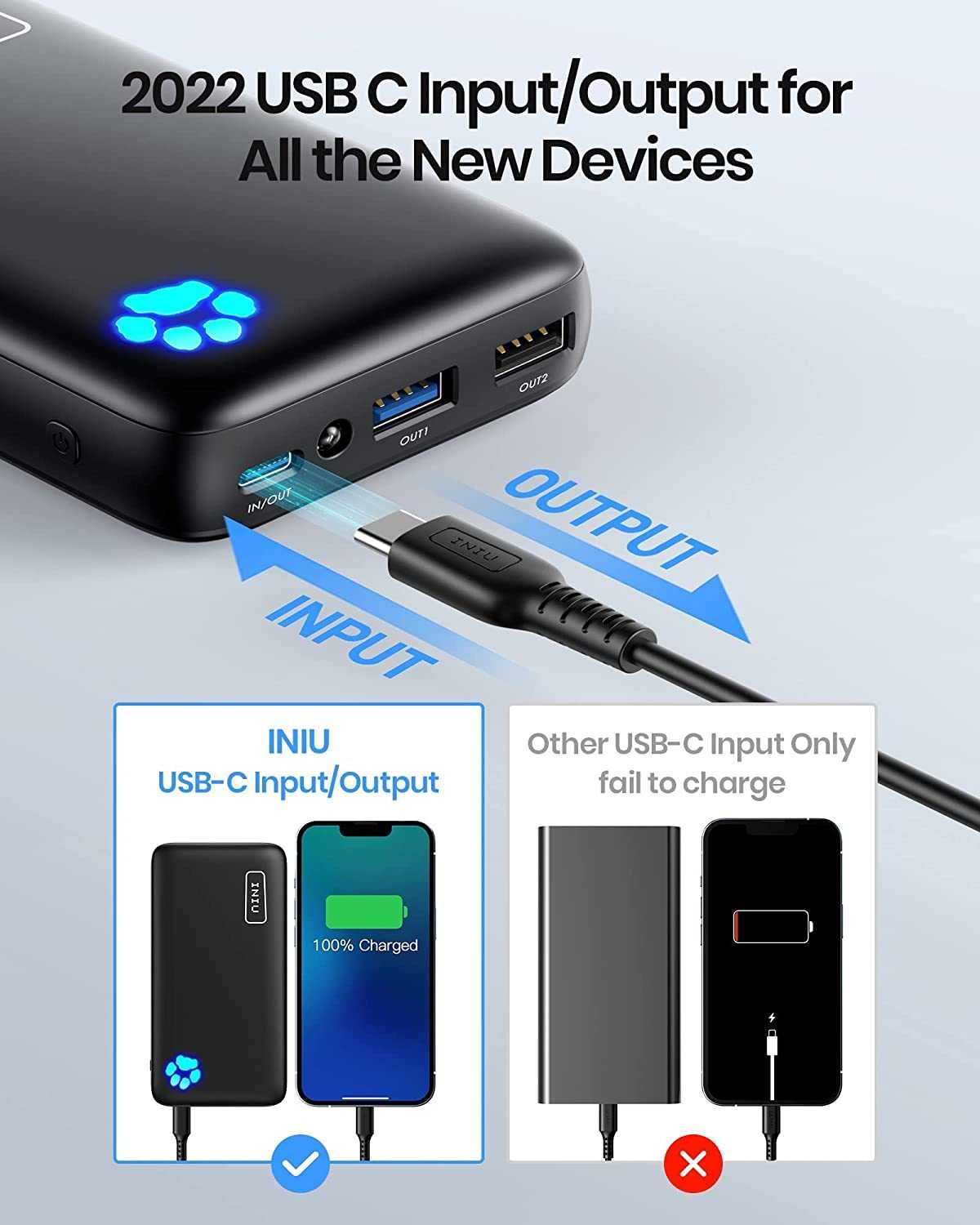 Iniu BI-B42 Powerbank 20000mAh USB-C 2xUSB latarka LED Ładowarka 18W