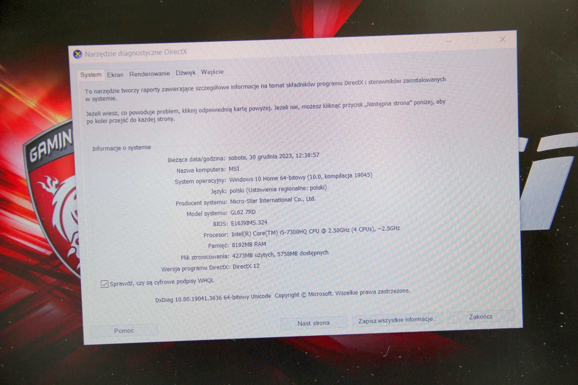 Laptop MSI GL62 I5-7300 8GB/128GB/1TB GTX 1050