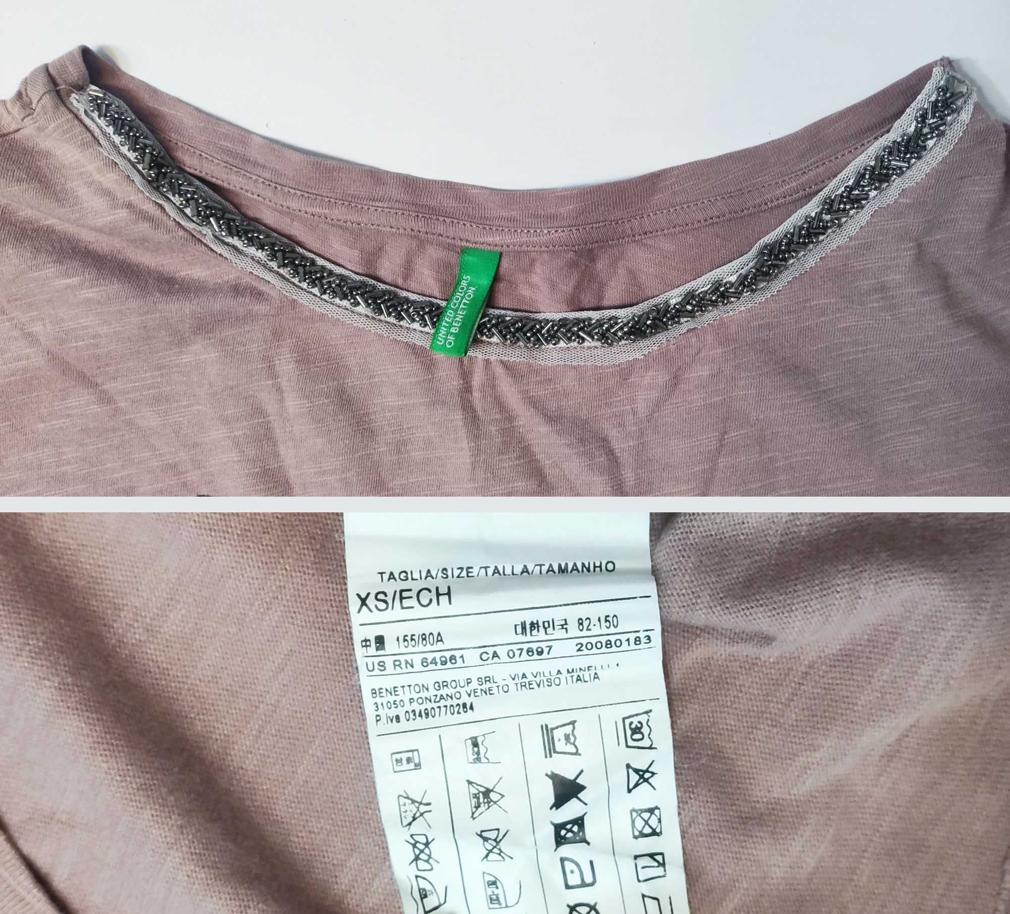 Bluzka XS 34 S 36 BENETTON koraliki brąz T-shirt H&M fiolet krótki ręk