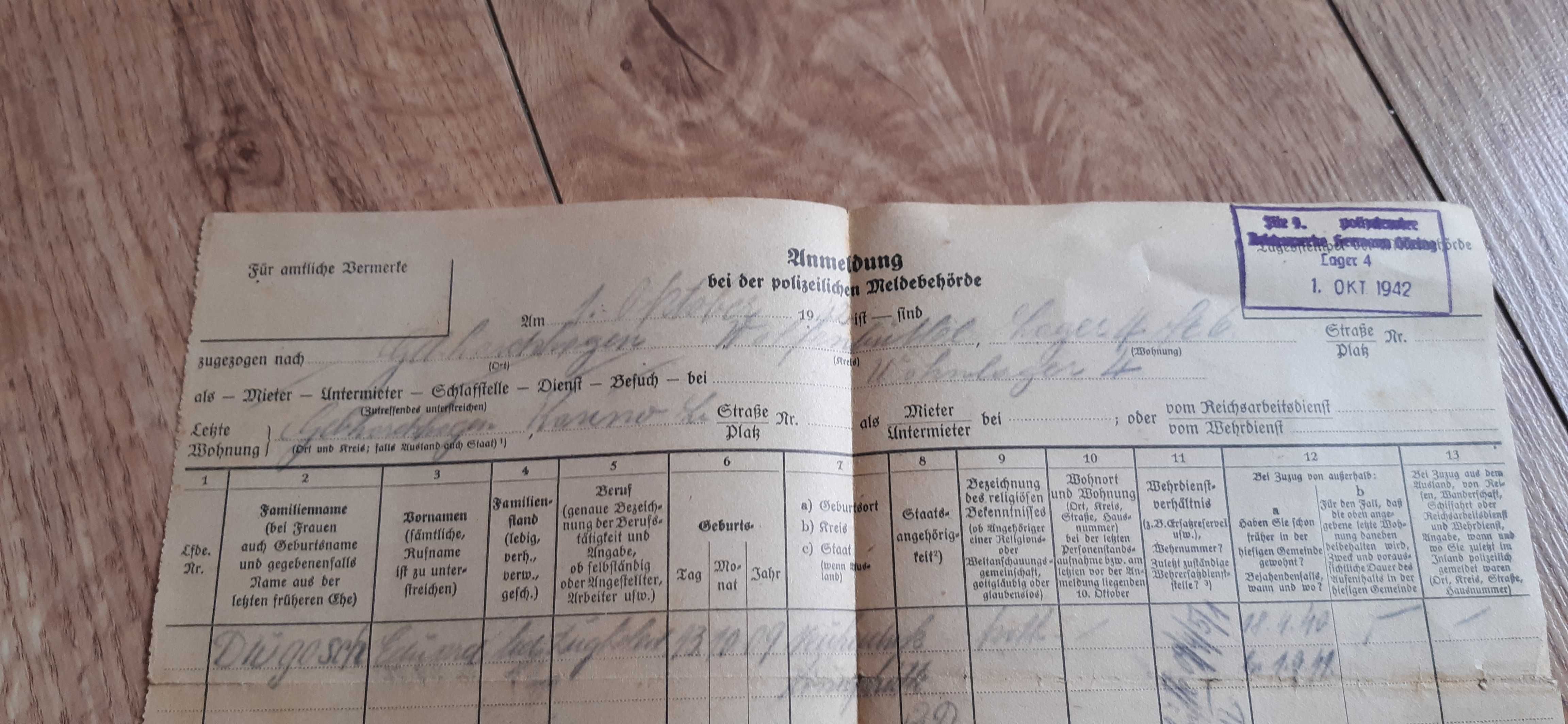 stary dokument z 1942 roku , 2 wojna światowa , dokument archiwalny