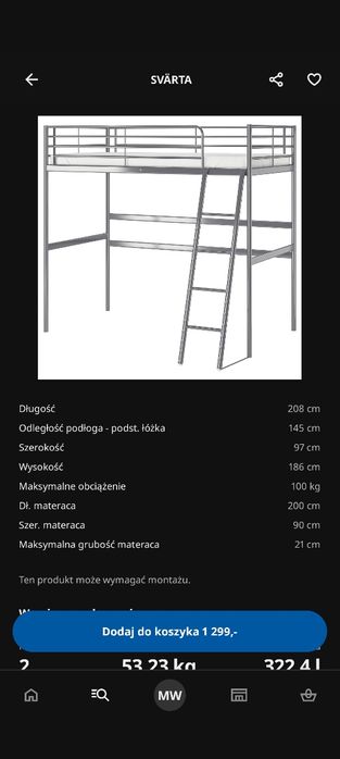 Łóżko piętrowe IKEA antresola z blatem biurka i materacem