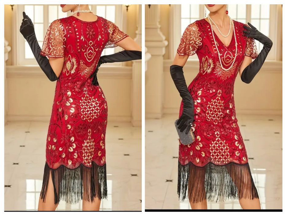 Czerwona cekinowa sukienka, lata 20, r.46, Andrzejki, Sylwester