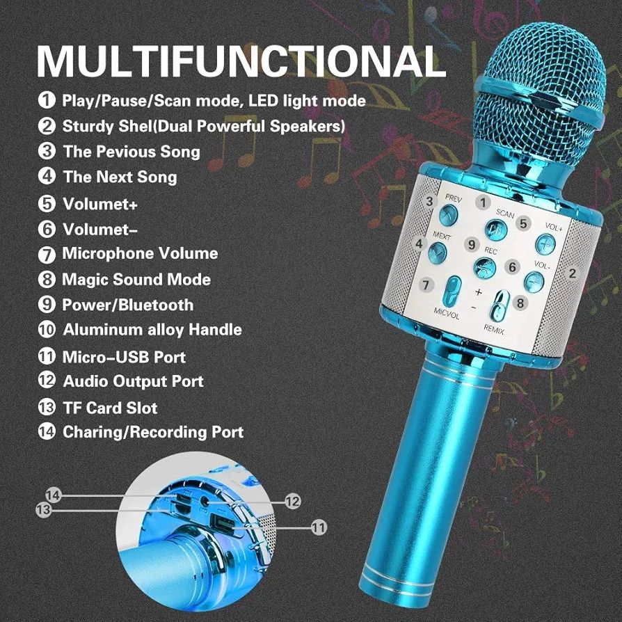Mikrofon do karaoke, bezprzewodowy mikrofon Bluetooth ze światłem LED,