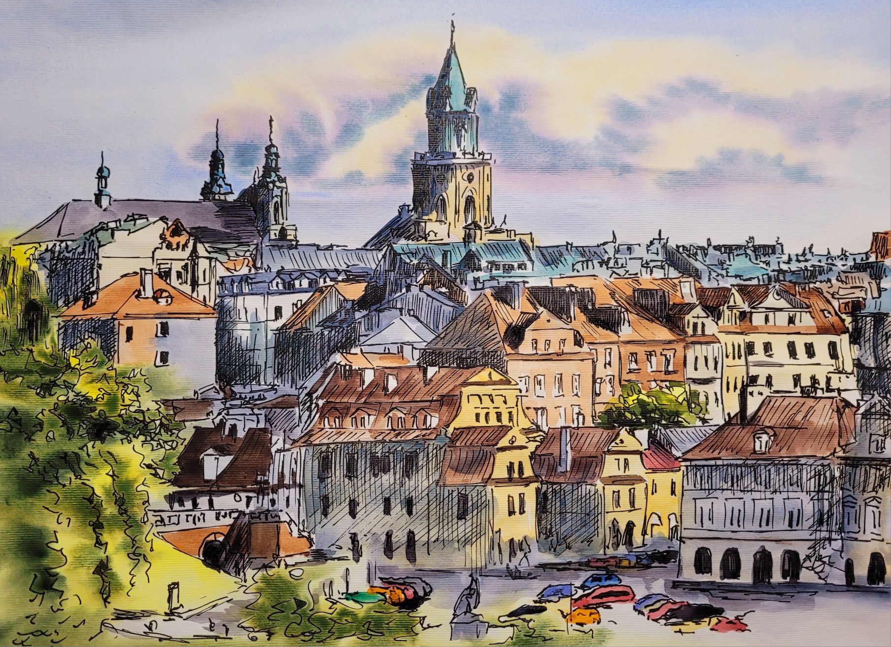 Pejzaż miejski Lublin 24x33 cm tusz I akwarela, prezent, architektura