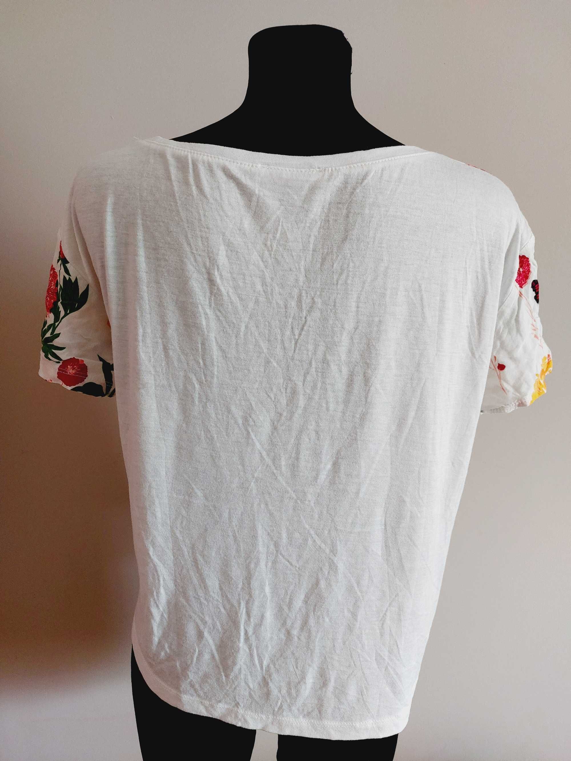 Biała koszulka bluzka w kwiaty m l xl tshirt na lato kolorowy