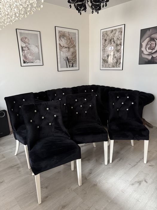 Komplet sześciu krzeseł glamour czarne pikowane z krysztalkami kołatką