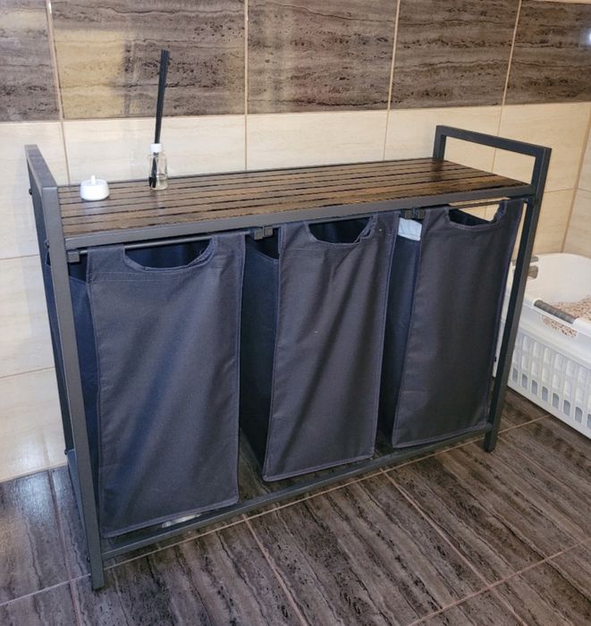Kosz na pranie 3 przegródki 3x38L z półką – vintage, wolnostojący
