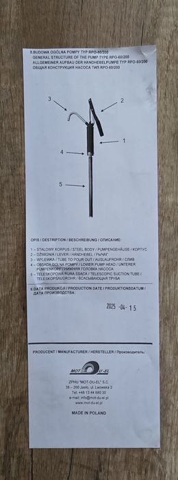 Pompa tłokowa ręczna do oleju z beczki TYP RPO-60/200 Quartz Engine Oi