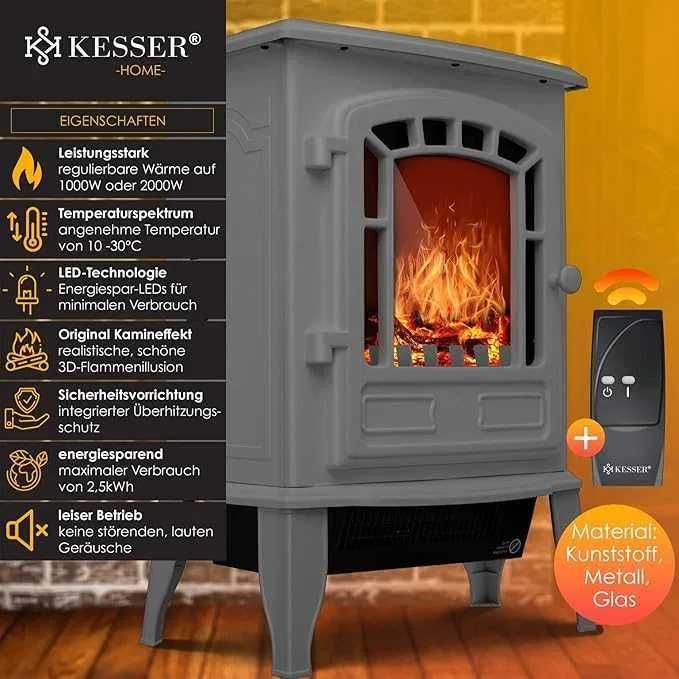 Kominek elektryczny z termowentylatorem kesser, LED, efekt płomieni