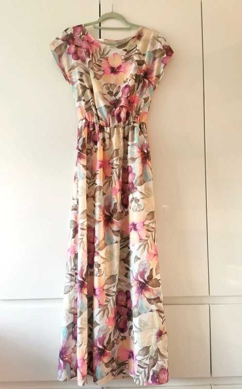 Długa sukienka maxi w kwiaty luźna XL 42 krótki rękaw