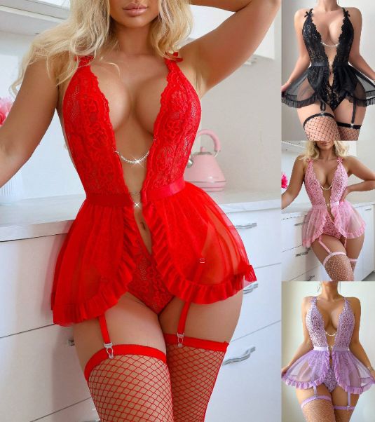 Venus koronkowe body z falbanką paski do pończoch łańcuszek czerwony