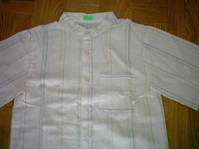 Handmade Koszula chłopiec krótki rękaw paski stójka NOWA 134-140