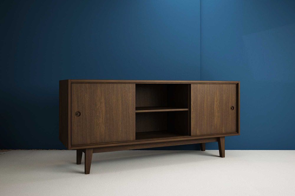 Komoda Vintage drewniana 160cm, przesuwne drzwi w stylu lat 60-tych