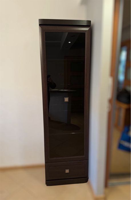 szafka przeszklona stojąca witryna drewniana ciemnobrązowa