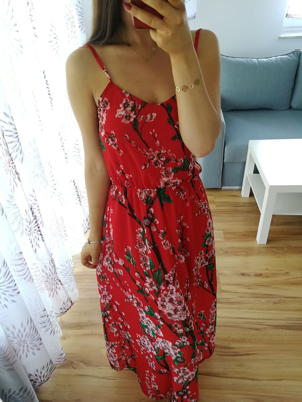 Czerwona sukienka maxi w kwiatki r. S, długa sukienka na ramiączkach