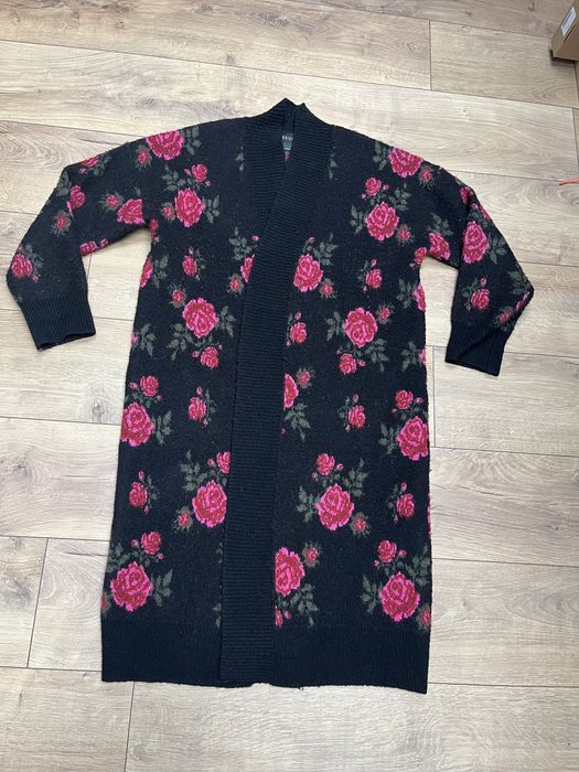 Medicine długi kardigan ciepły gruby w róże kwiaty wzór floral 36/38