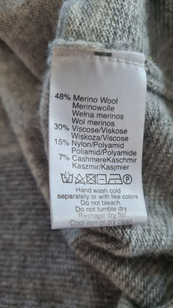 Sweter Kardigan 48% Merino Wool, 7% Kaszmir, rozmiar M 38 S 36. Szary