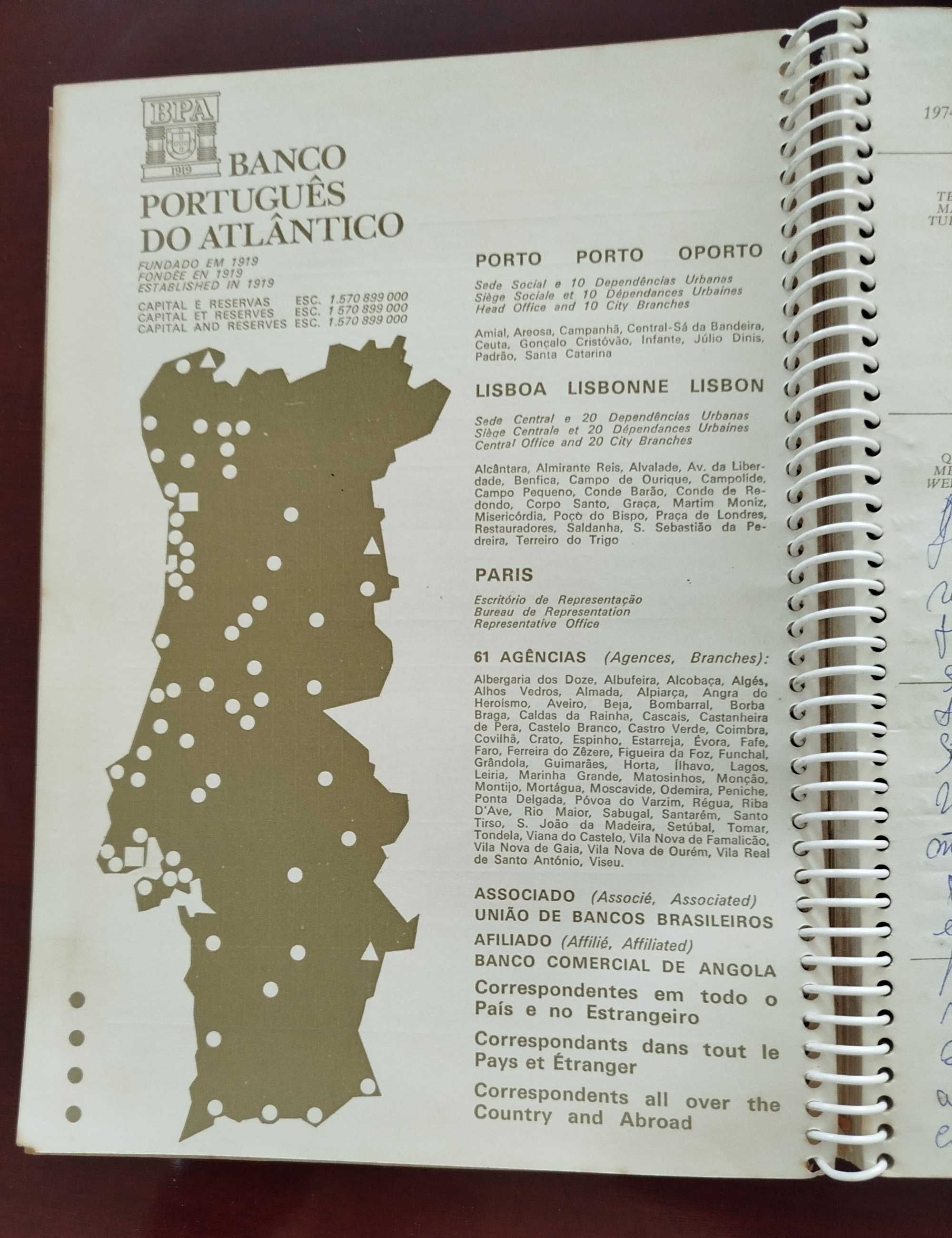 Agenda Antiga de 1974 "Banco Português do Atlântico"