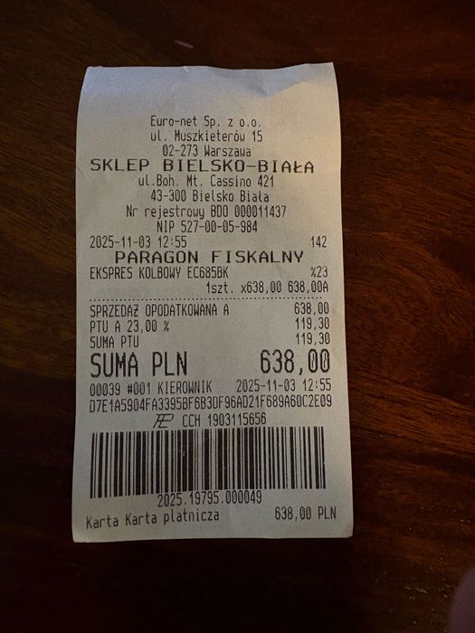 Nowy, na gwarancji, ekspres kolbowy DeLonghi EC685BK