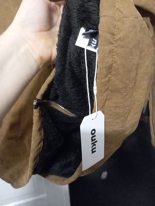 Ouku Kurtka z kapturem brązowo oliwkowa ala zamsz r. L