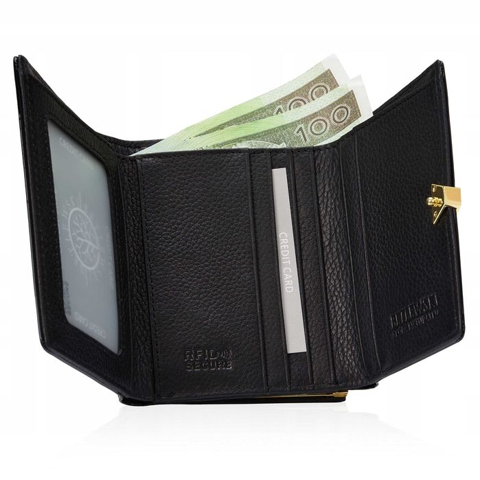 BETLEWSKI Portfel Damski Skórzany Czarny Lakierowany Mały Błyszczący