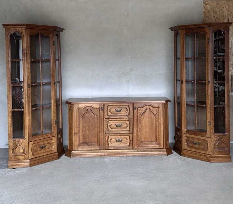 Dębowy komplet zestaw mebli PYKA KINGA komoda witryna narożna DOWÓZ