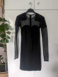 Sukienka mała czarna długi rękaw siatka koronka