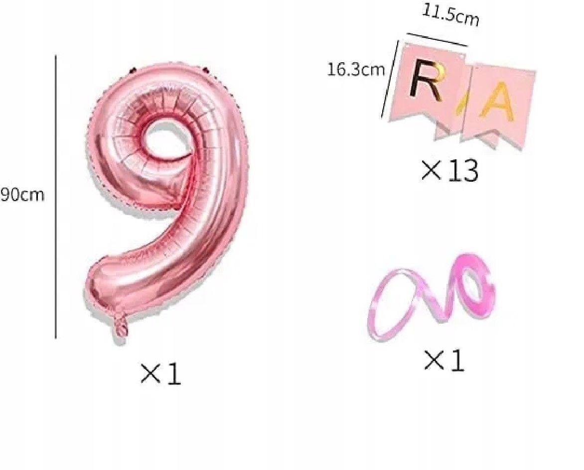 Zestaw 9 Urodziny Baner Balon Dziewięć lat Różowy
