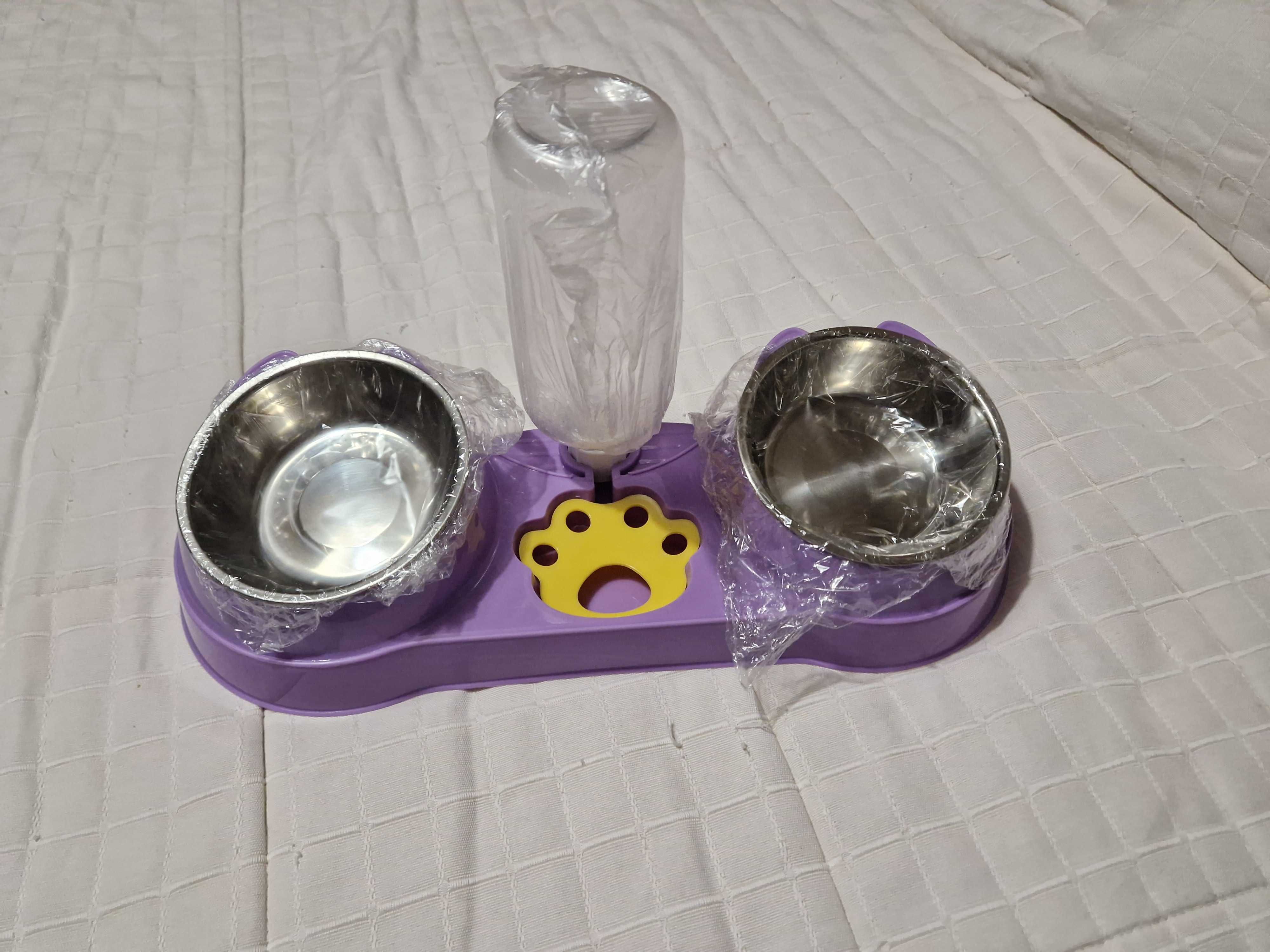Comedouro Duplo com Dispensador Água para Animais Domésticos