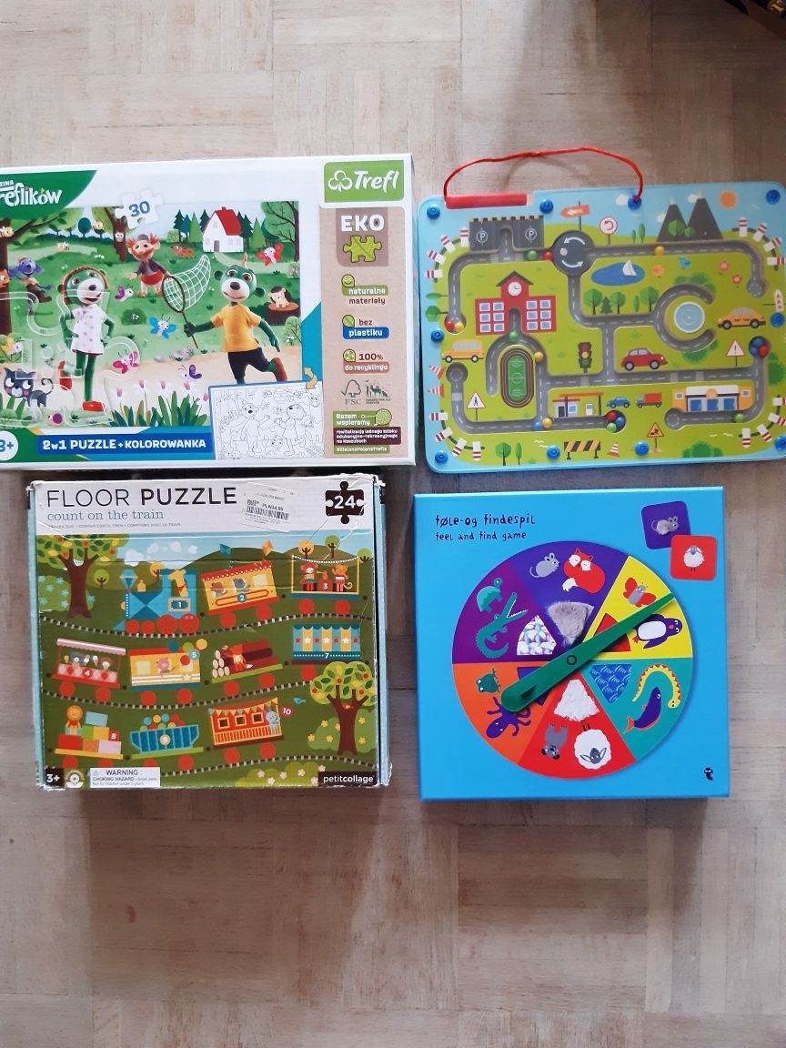 4 gry i puzzle rodzins Treflików puzzle podłogowe pociąg gra sensorycz