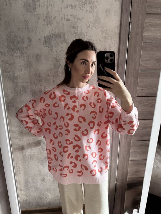 Светр рожевий леопард принт one size s-m-l широкий оверсайз осінь-зима