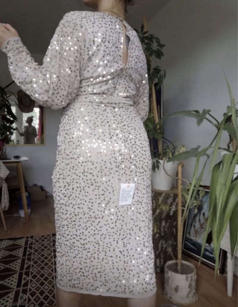 Beżowa cekinowa sukienka midi kimono 40 L asos luxe