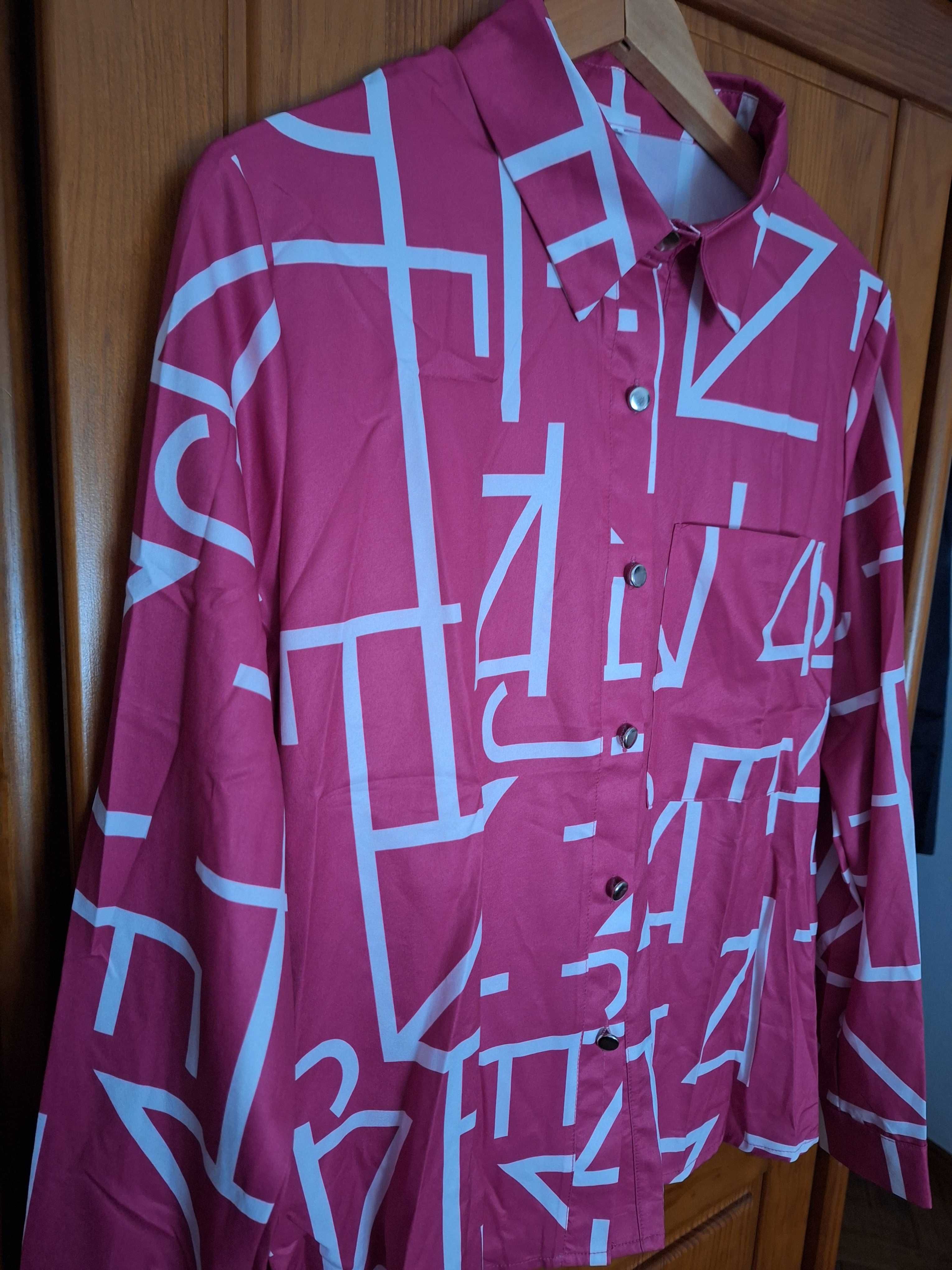 Camisa vintage cor-de-rosa vivo com padrão geométrico em branco